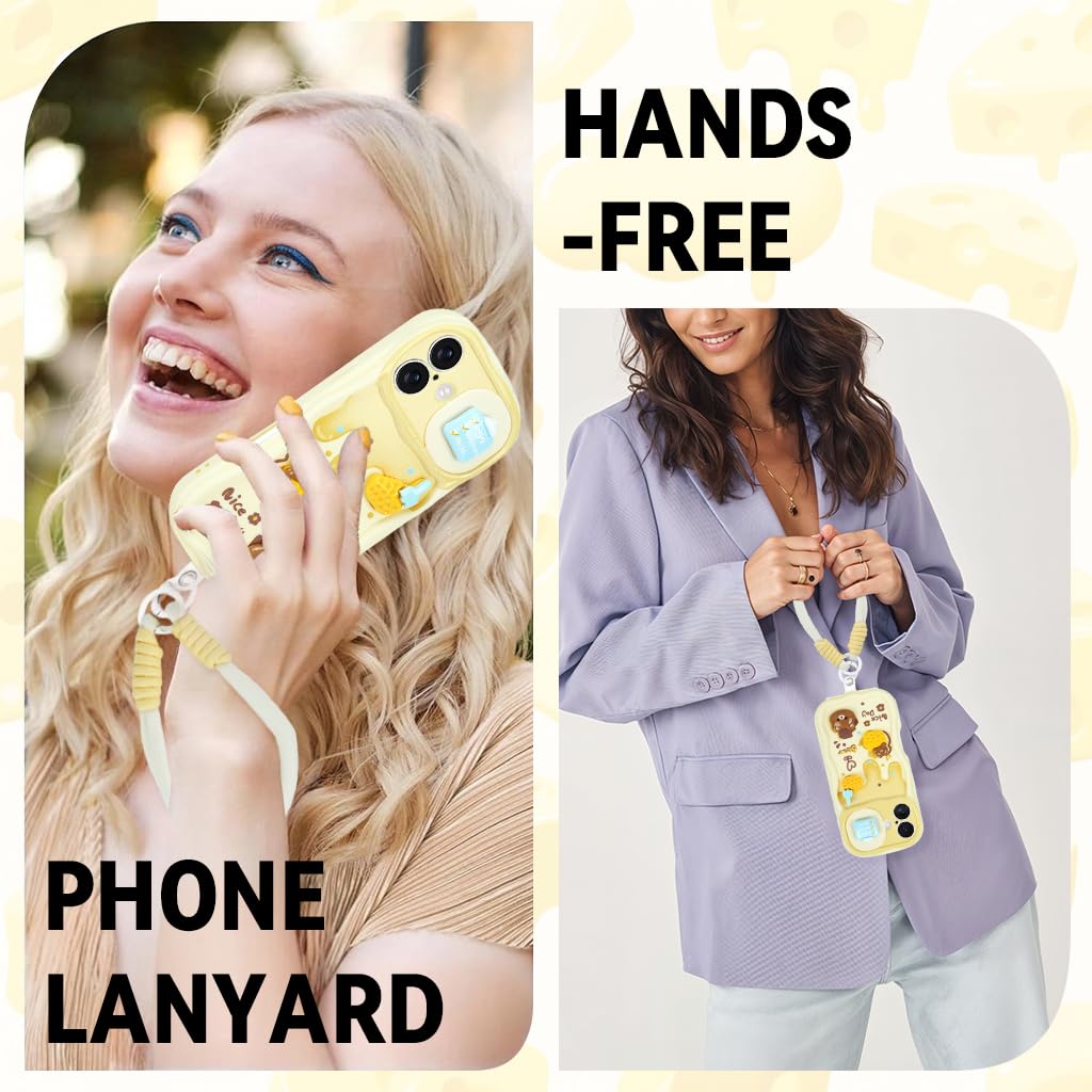 ZORBES Phone Case for iPhone 16 with 3D Butter Little Bear Design and Camera Lens Sliding Cover | Silicone Protective Case with Lanyard for Girls