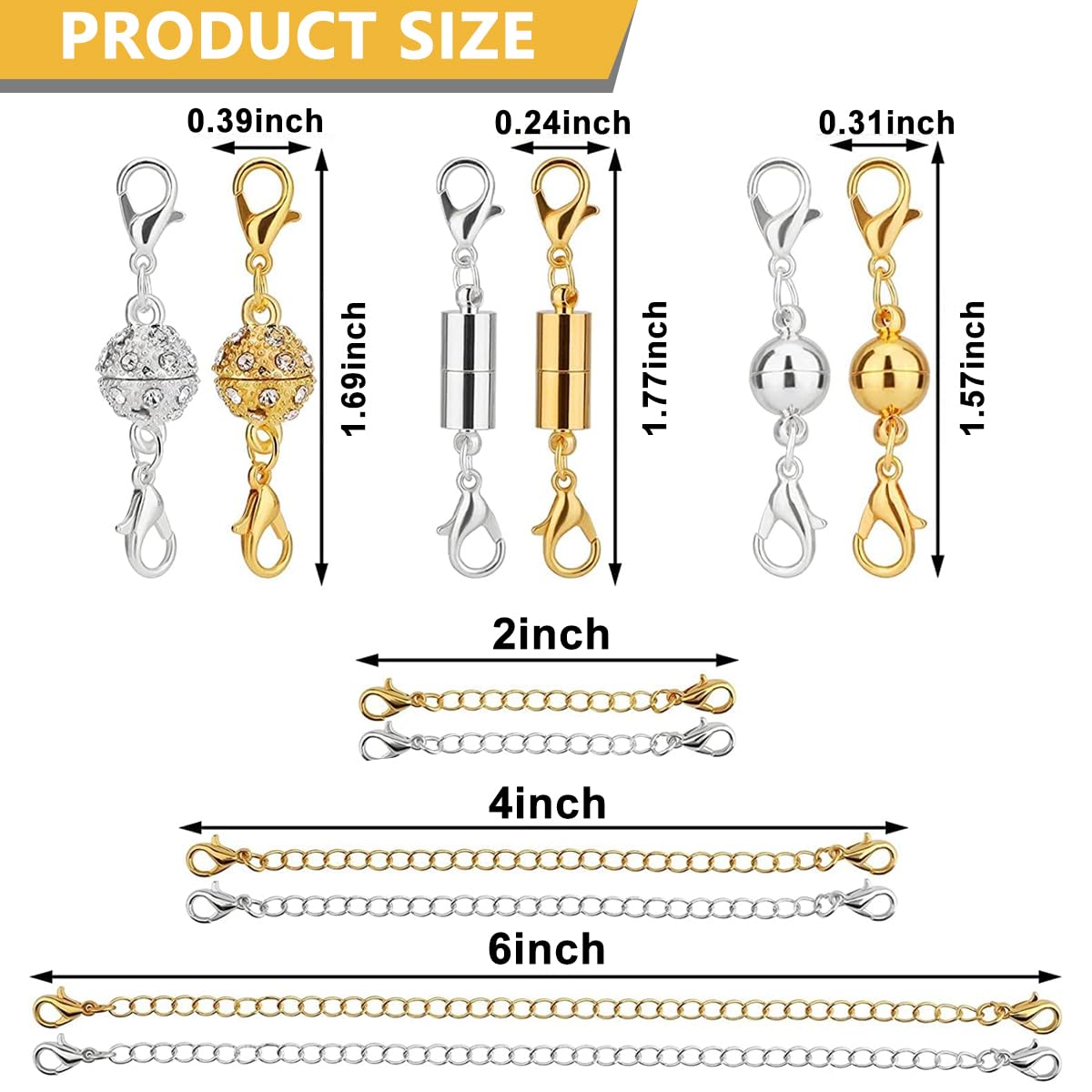 MAYCREATE® 12 Pcs Golden & Sliver 3 Style Lobster Clasps with 6 Jewelry Extender Combo Set for Jewelry, Necklace, Bracelet