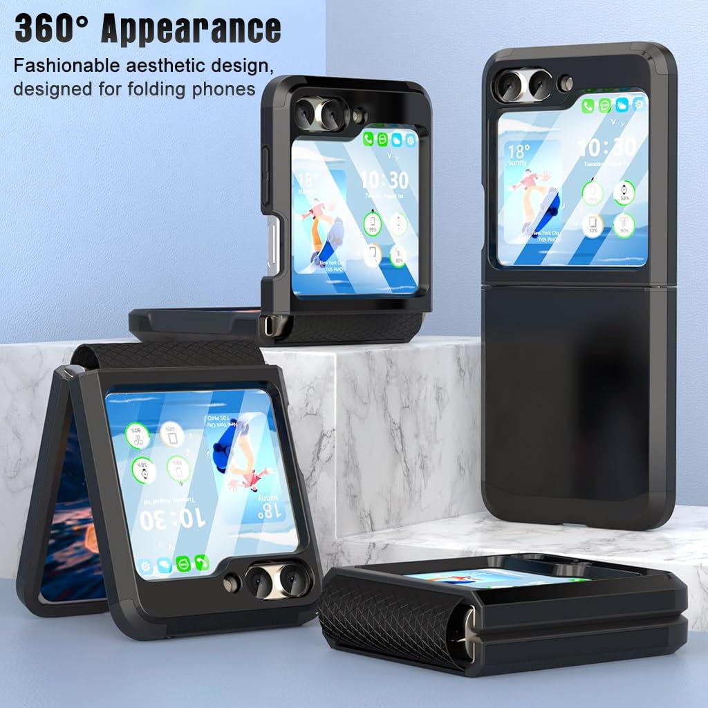 Zeitel Phone Case for Samsung Galaxy Z Flip 6 with 3.4 in Screen Cover and One Piece Hinge | Black TPU Protection