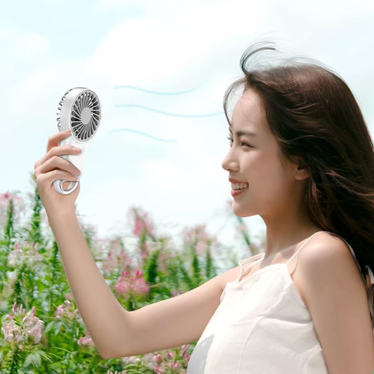 HASTHIP Handheld Mini Fan for Travel and Office with 800mAh Battery featuring Folding Tail Hook | Quiet USB Rechargeable Pocket Fan in White