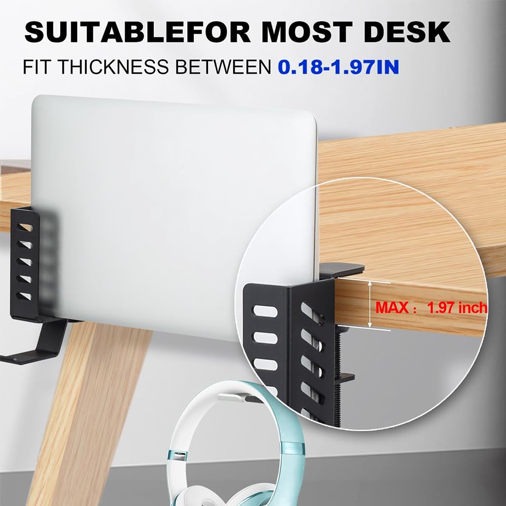 Zeitel Tablet and Laptop Holder for Desk Edge with Screw Mounting and Hooks | Aluminum Organizer