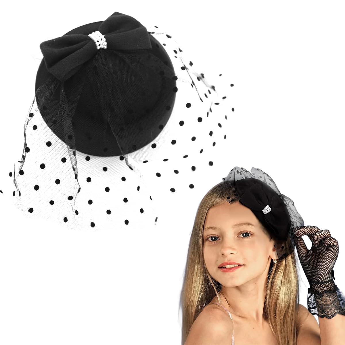 Venzina® Small Tea Hats for Girls Kids with Lace Gloves, Tea Party Fascinator Hats & Mesh Gloves Combo, Stylish Clip-On Bow Headwear Fascinator Hat (Black)