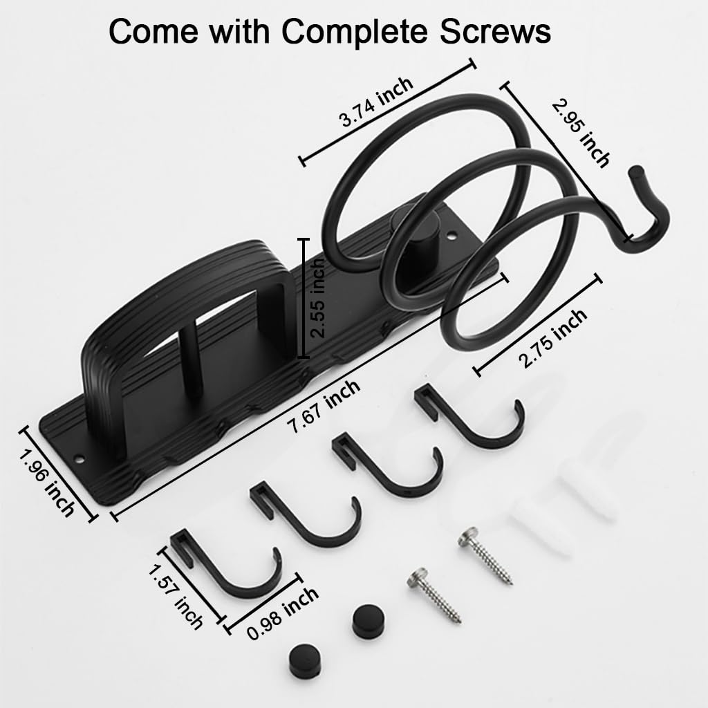 HASTHIP Hair Dryer Stand for Wall with 4 Hooks and Nail Free Installation | Aluminum Alloy Organizer for Bathroom and Salon