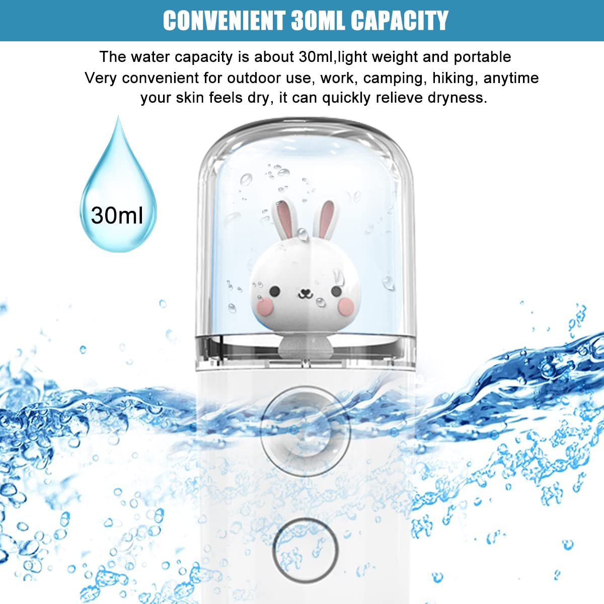 MAYCREATE  Facial Nano Mist Sprayer USB Portable Mini Face Mist Steamer, Cartoon Bunny 30ml Facial Sprayer Rechargeable Portable Skin Care Moisturizing Spray Machine