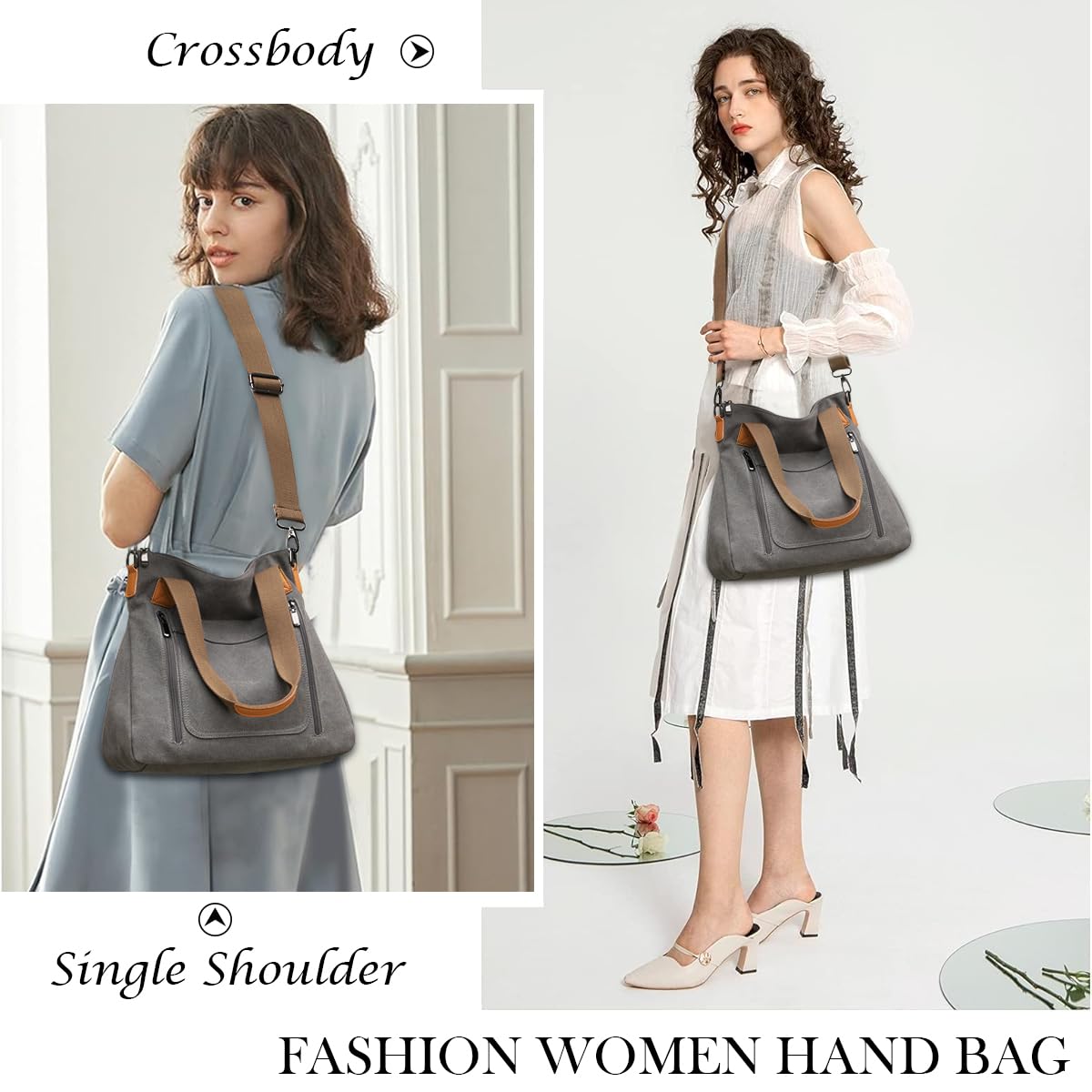 PALAY Handbag for Women featuring 35×12×32cm Large Capacity and Detachable Strap Grey Canvas | Ideal for School and Work