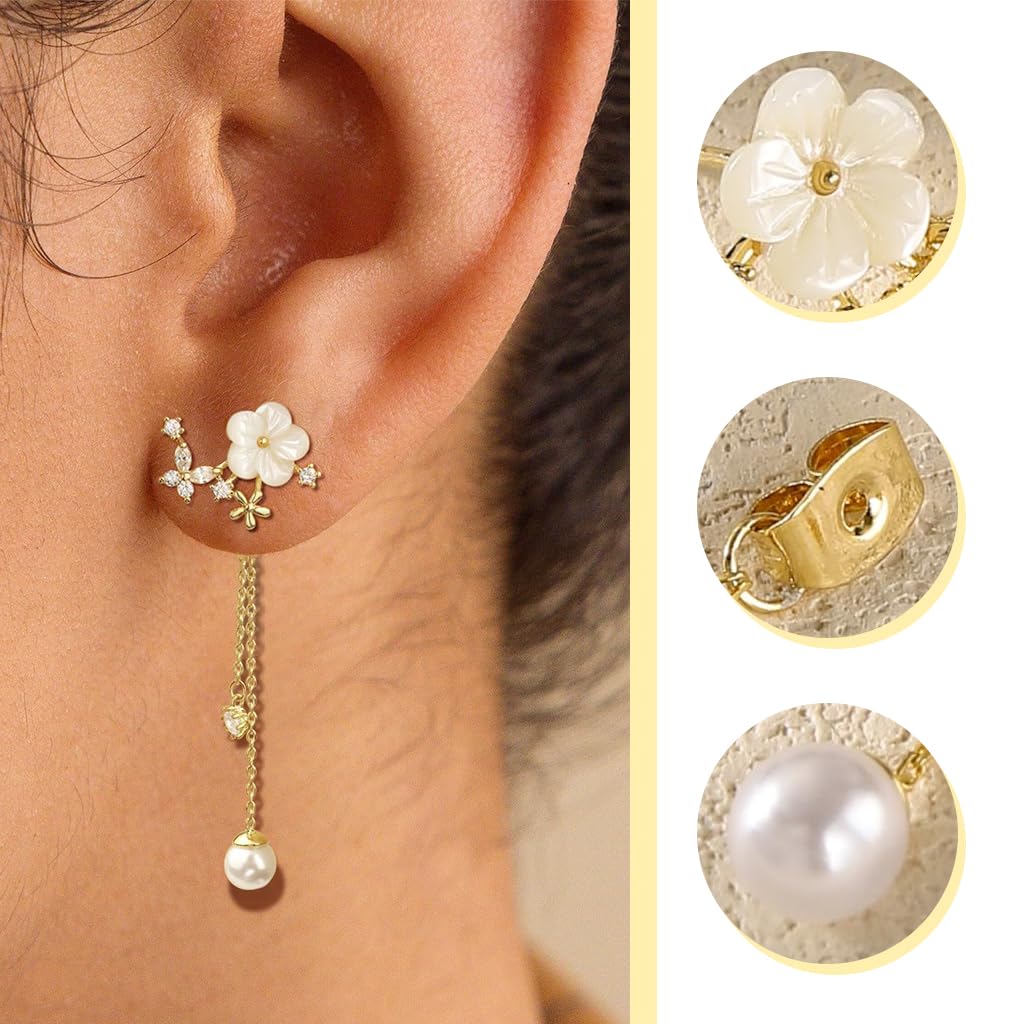 SANNIDHI Dangle Pearl Drop Earrings for Women featuring Floral CZ Charm & 14K Gold Chain