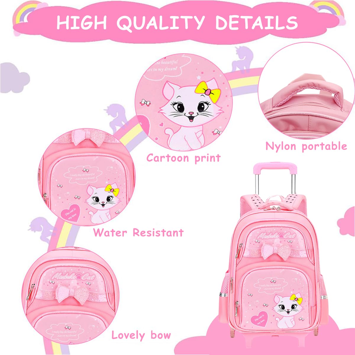 [Second-hand]PALAY@ School Backpack Girls School Backpack on Wheel Cute Cartoon Print School Backpack Detachable Wheel Stand with Puller School Gift Backpack for 6-12 Years Old