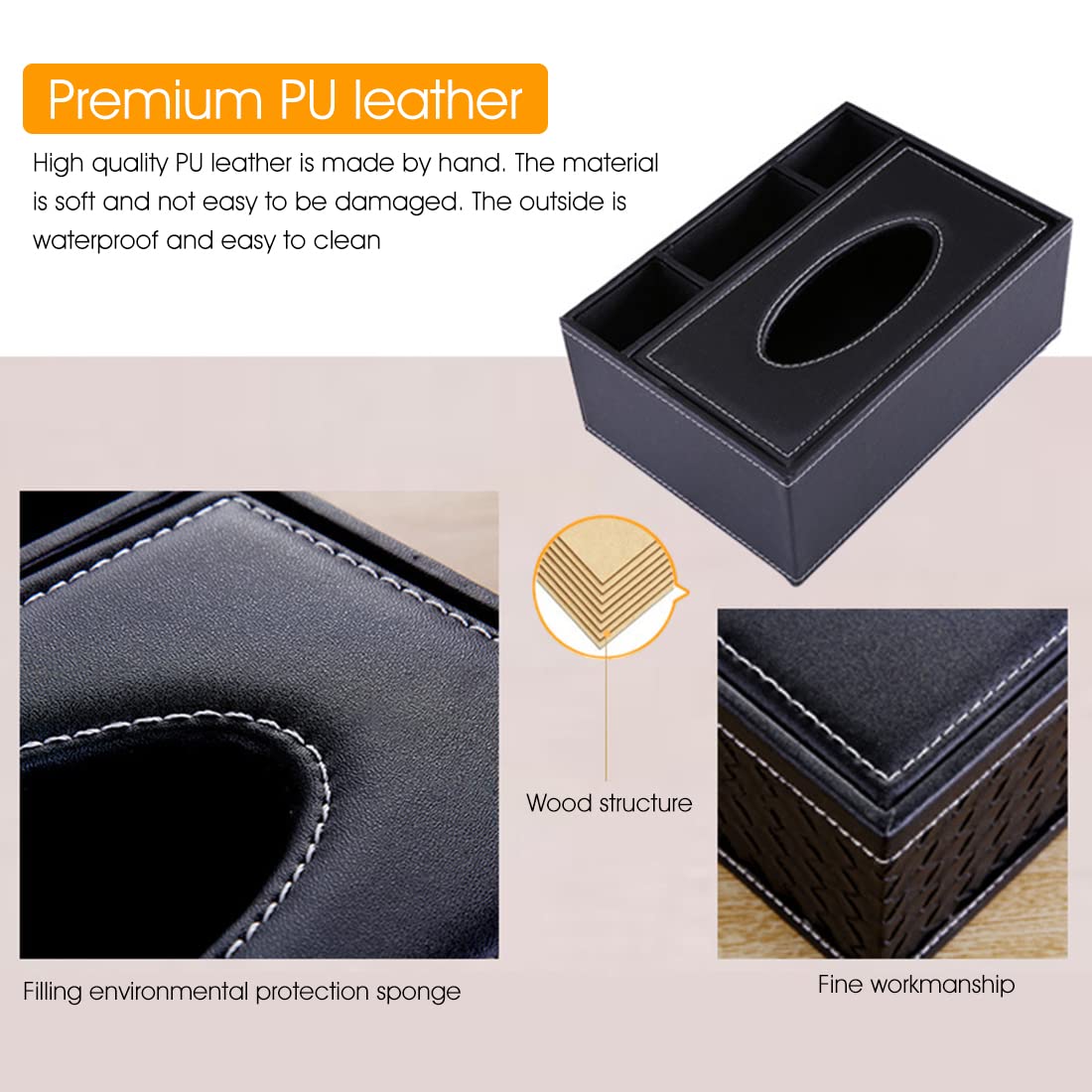 HASTHIP Desktop Organizer for Home Office with 23.5×16.7×9.4 cm Size and Three Compartments | PU Leather Tissue Box Holder