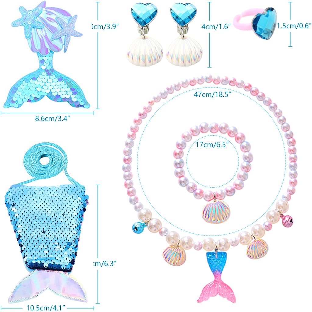 SANNIDHI Girls Mermaid Jewelry Set of 6Pcs Mermaid Faux Pearl Necklace Bracelet Earring Ring Hair Clip Set Mermaid Sequin Bag Birthday Gift for Girls Princess Christmas Gifts