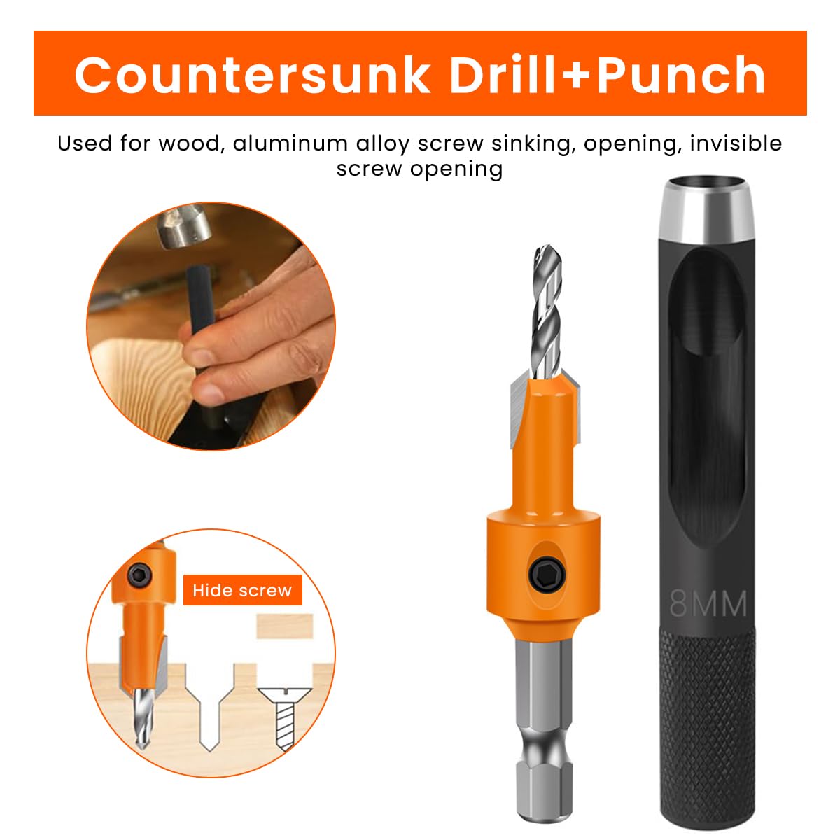 Serplex® 11Pcs Woodworking Countersink Drill Bit Set, 5 Size Carbon Steel Bits, 6 Extra Pilot Bits, 8mm Shank, Versatile Drilling in Wood, Plastic- DIY Tool Kit