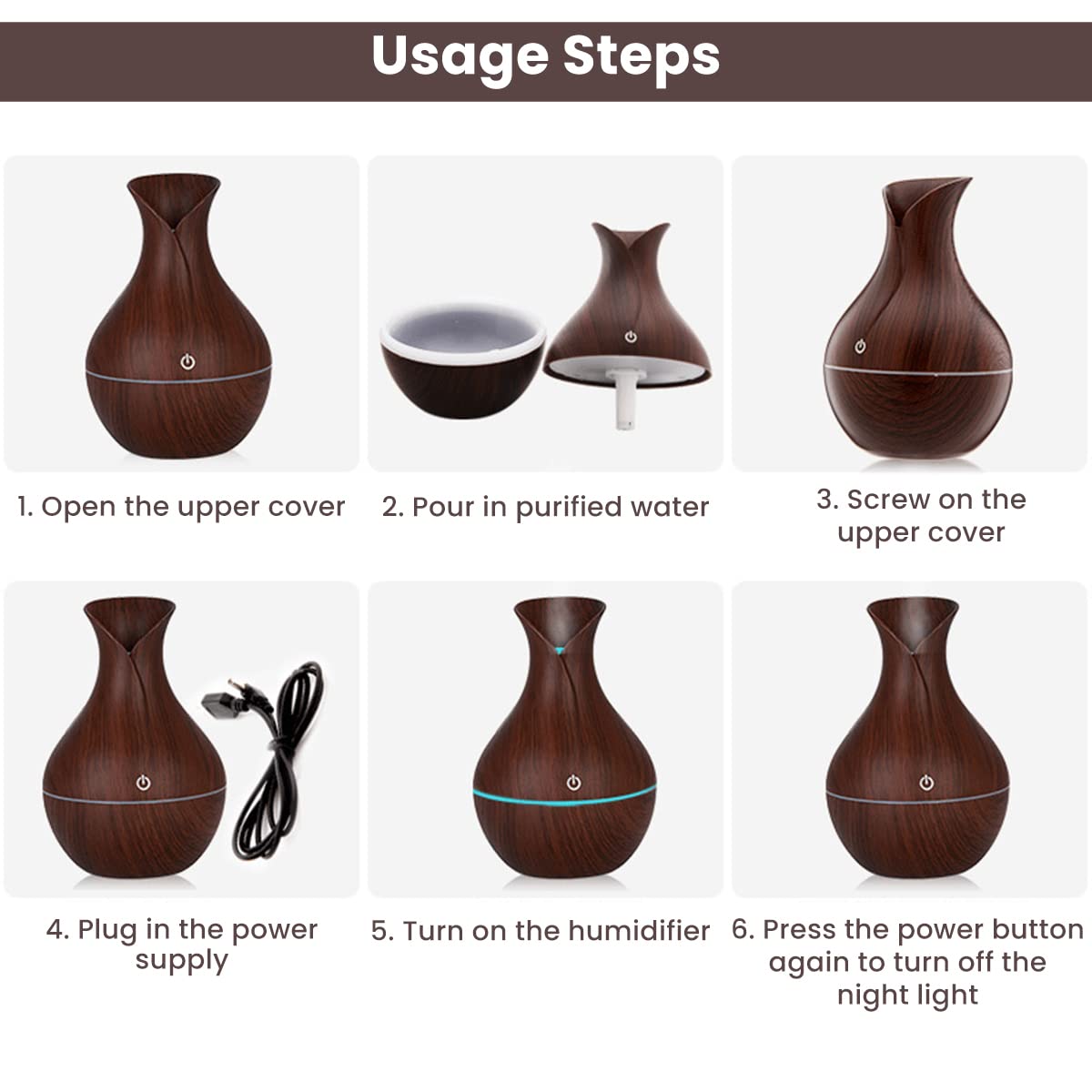 HANNEA Humidifier for Room featuring 7 Color LED Light and Touch Switch | 130ML Wood Grain Vase Design