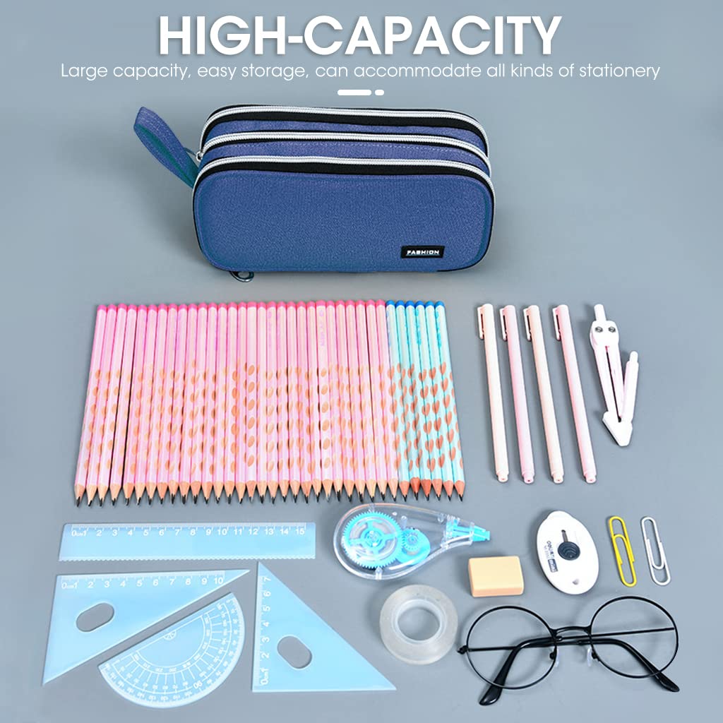 Climberty® Large Capacity Pencil Case, 3 Layers of Storage 3 Metal Zippers, Portable Durable Pen Pencil Case with Handle, Aesthetic Pencil Case for School Supplies Office Teen Girls Adults (Blue)