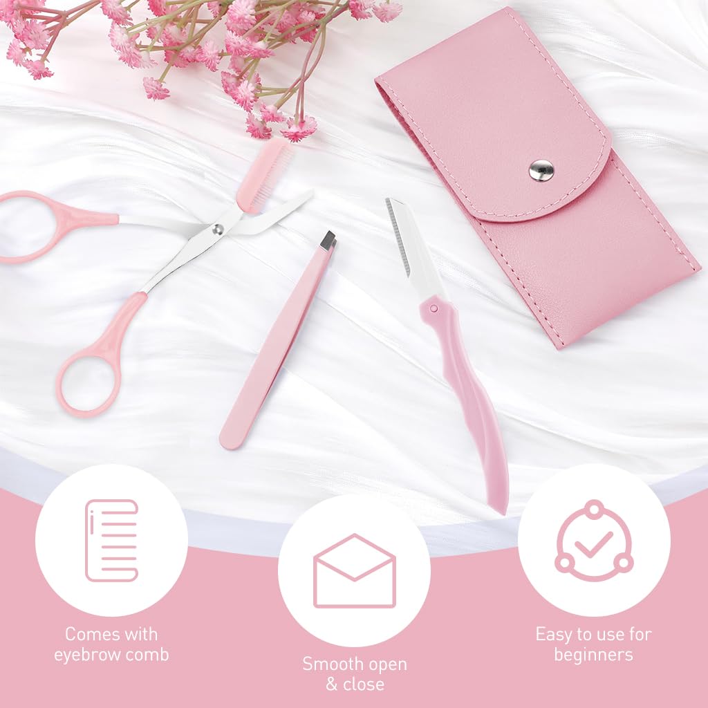 MAYCREATE Eyebrow Trimming Kit 3Pcs for Shaping and Hair Removal with Folding Razor | Pink Stainless Steel Tools in PU Leather Case