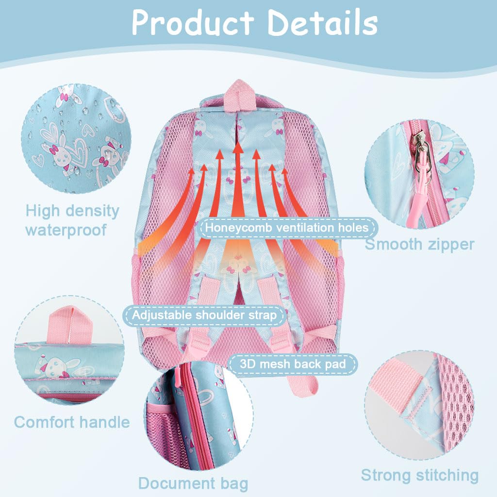 Zibuyu Cute Rabbit Backpack for Girls with Matching Pencil Case 46×33×20cm | Water Repellent Lightweight School Bag