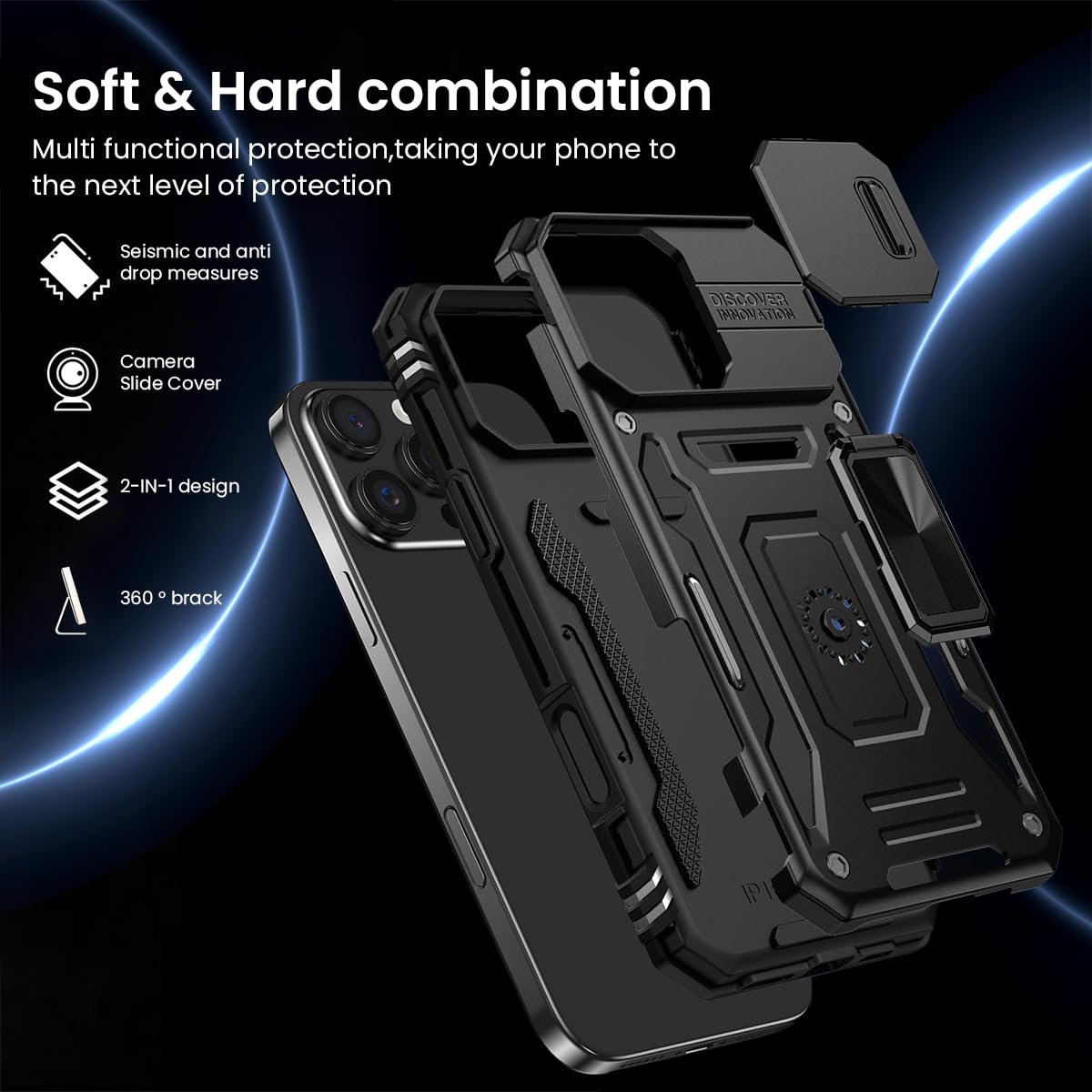 ZORBES® Phone Case for iPhone 16 Pro Max, XLSleek Magnetic Phone Case with Kickstand Phone Ring &Sliding Camera Lens Cover Magnetic Phone Holder Shockproof Phone Case for iPhone 16 Pro Max