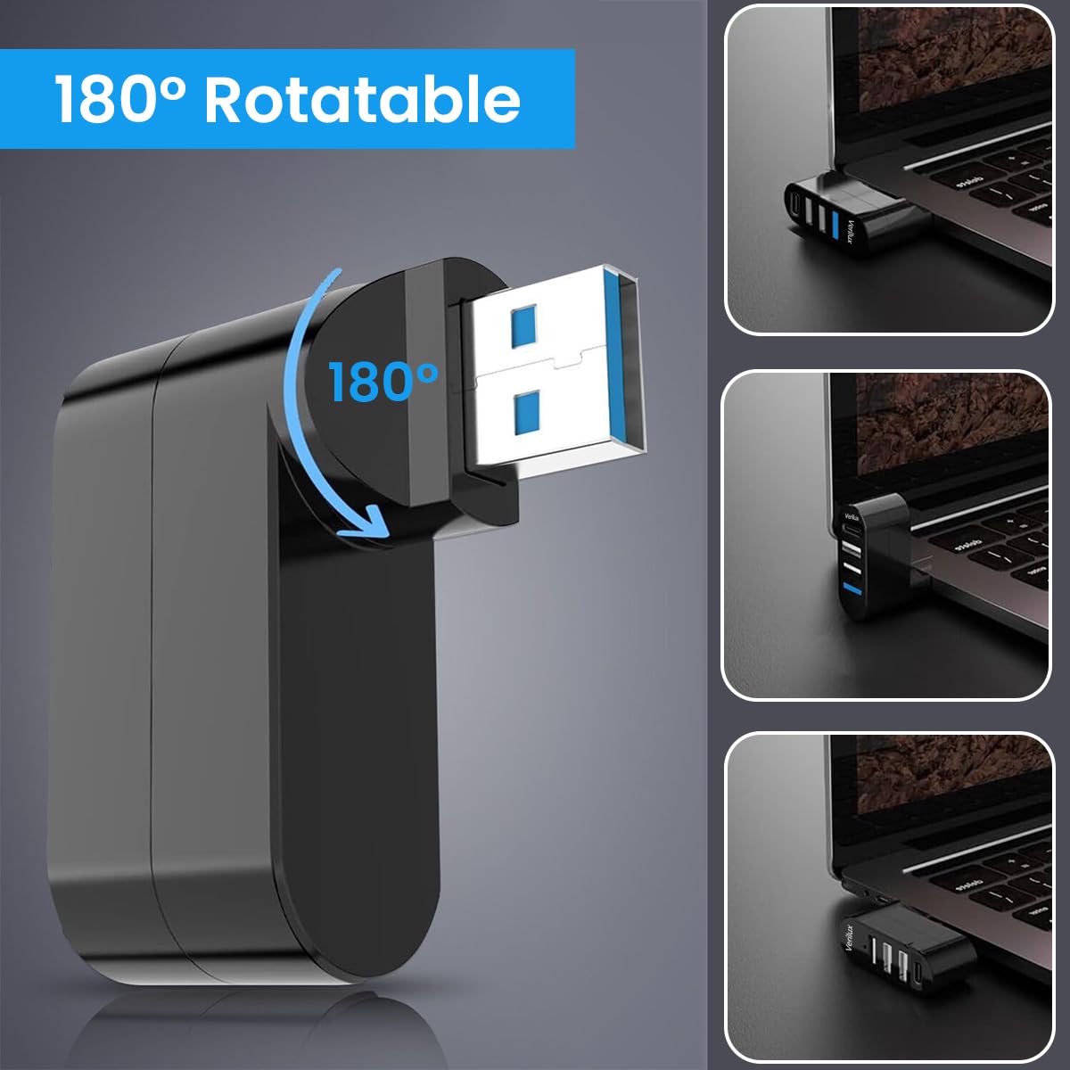 Verilux USB Hub 3.0 for Laptop and PC with 4 in 1 Ports Featuring 90 180 Rotatable Plug | Type C PD Charging