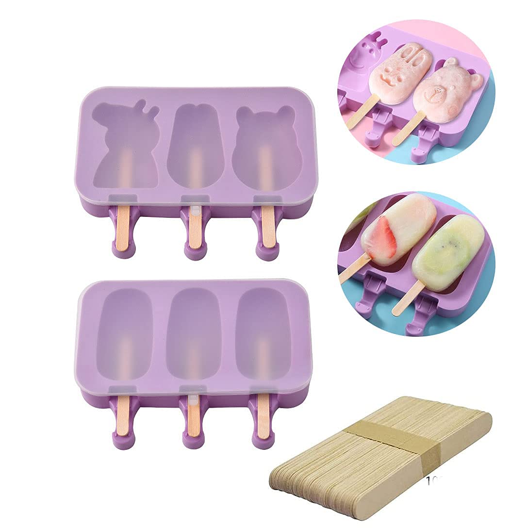 HASTHIP® Cartoon kulfi Ice Cream Mold, Popsicle Mould Silicone, 2 Pieces in 6 Slots, with 100 Wooden Sticks, Reusable, Ice Cream Popsicle Maker, Easy Release