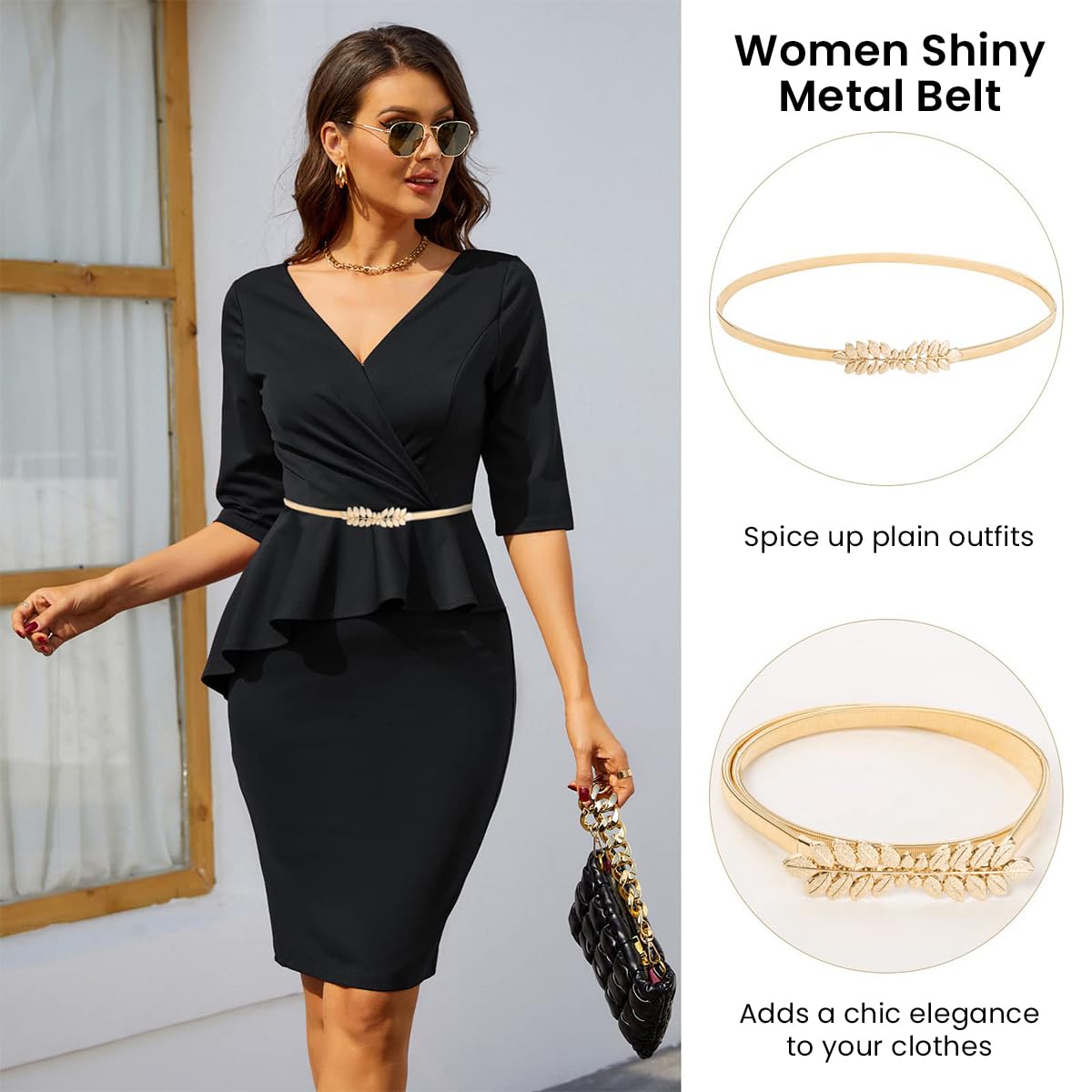 Brand Metal Waist Belts for Women Dresses Adjustable 23.6–31.4 in with Leaf and Rose Design