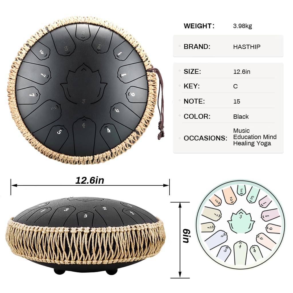 HASTHIP Steel Tongue Drum for Meditation with 15 Notes 13 in Titanium Alloy | Black Handpan Instrument