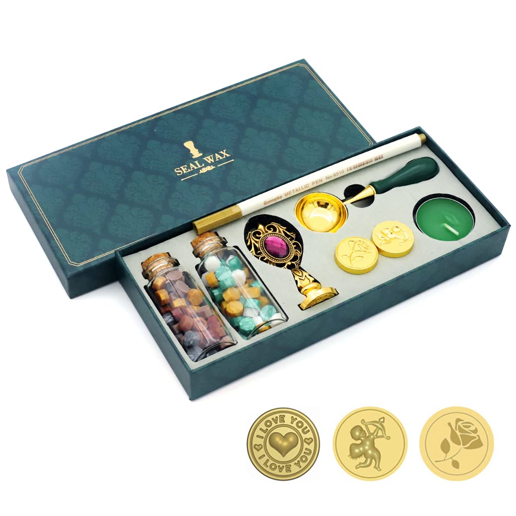 HASTHIP® Wax Seal Stamp Kit with Three Art Stamp, Sealing Wax Beads,Candles,Wax Melting Spoon, Fine Gift Packing