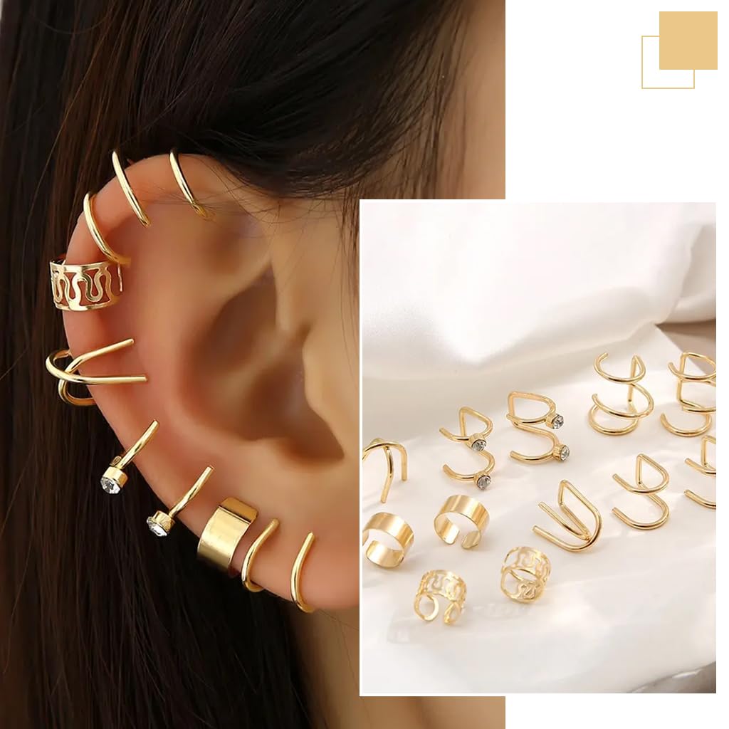 ZIBUYU Ear Cuffs for Women and Girls with Adjustable Non Piercing Clip Design | 12PC Zinc Alloy Set