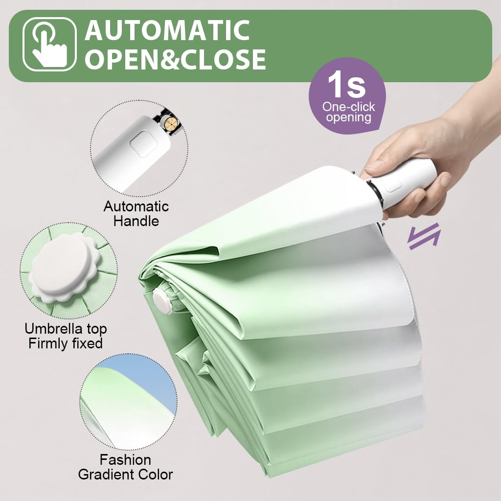 Venzina Sun Umbrella for Travel with UPF 50+ Protection and One Touch Auto Open | Gradient Light Green