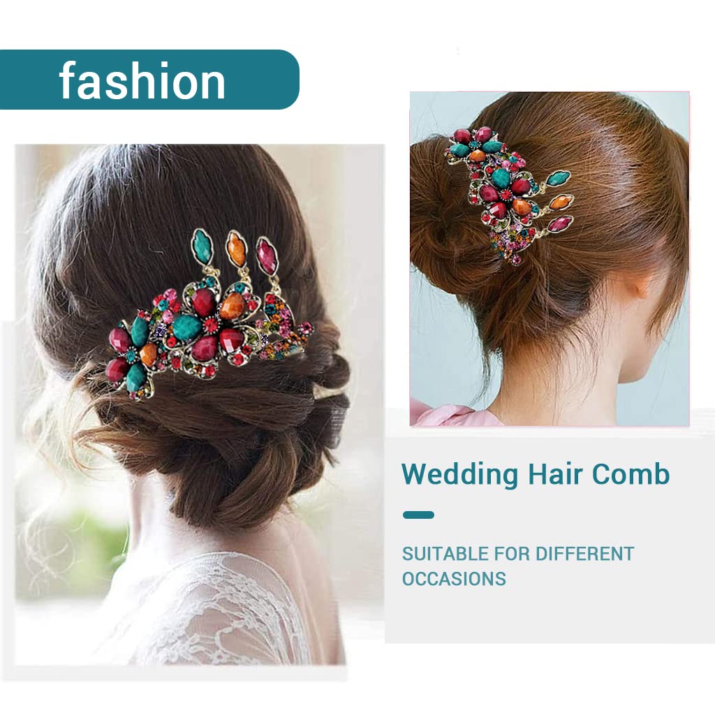 PALAY Women Hair Combs for Bridal and Daily Use with Rhinestone Flowers and 9.5cm Size | Retro Alloy Plating Hairpin