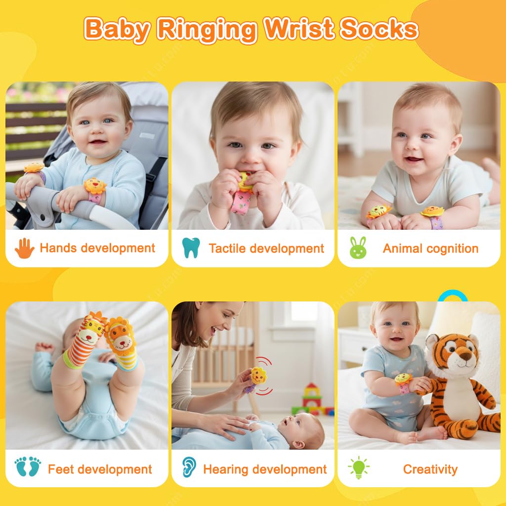SNOWIE SOFT Baby Rattle Socks and Wristband Set with Plush Cartoon Toys for Sensory Play