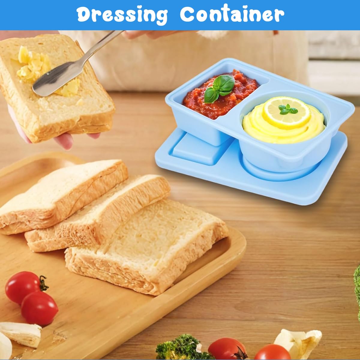 HASTHIP Silicone Salad Dressing Container for Lunch Box with Dual Compartments 5.6x3.4x1.3 in | Leakproof Food Grade Sauce Cup and Spoon Strap