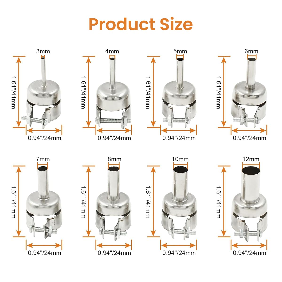 Serplex Hot Air Gun Nozzles 8pcs with Screw Lock Attachment for 3–12mm Precision Work