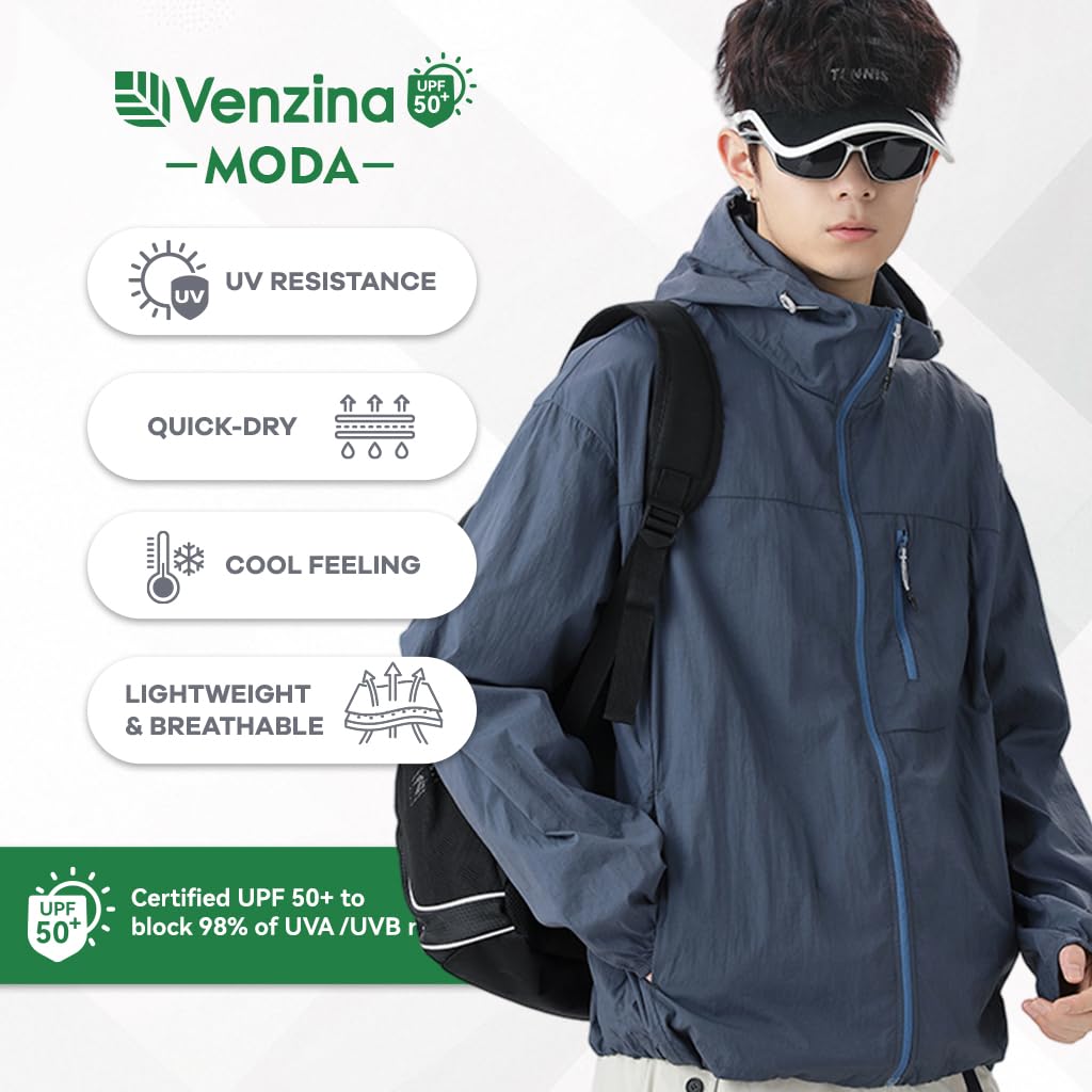 Venzina Men's Athletic Jacket for Outdoor Workouts with UPF 50+ Sun Protection | Lightweight Quick-Dry Nylon Hooded Coat in Navy Blue