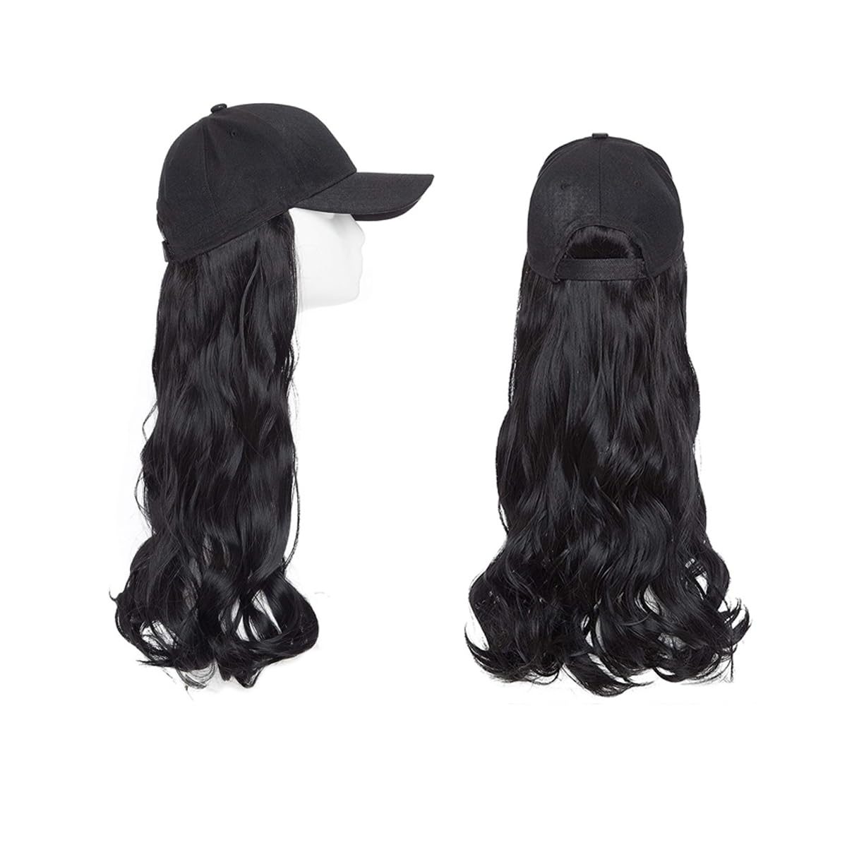 MAYCREATE® Baseball Cap with Hair Extensions for Women, Adjustable Wavy Hair Wig Cap for Girls, Black K-pop Style Hat with 24in Long Synthetic Wig Attached