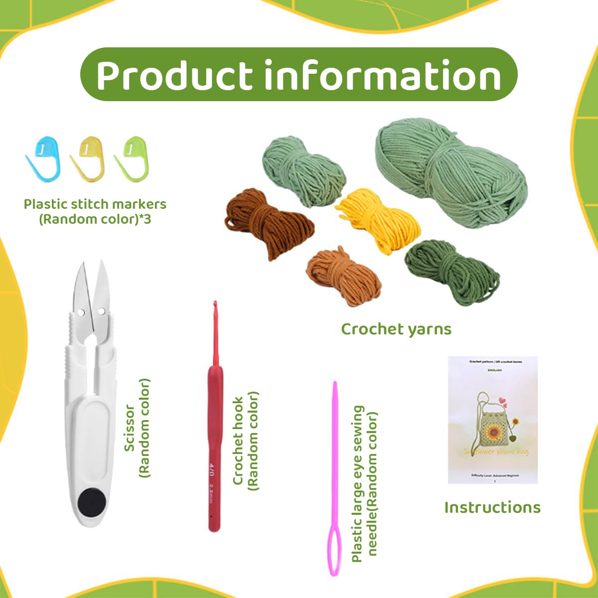 PATPAT DIY Crochet Phone Bag Material Kit for Beginners with Sunflower Pattern and Yarn Tutorial | Light Green Sling Craft Gift Set