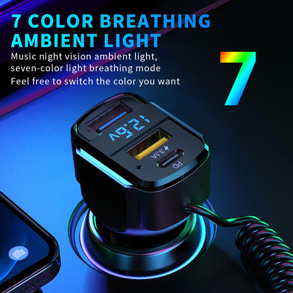 STHIRA Car Charger 6 in 1 Multi Port Fast Charger 65W with LCD Display and Coil Cord | USB C and USB A for 12V 24V Vehicles