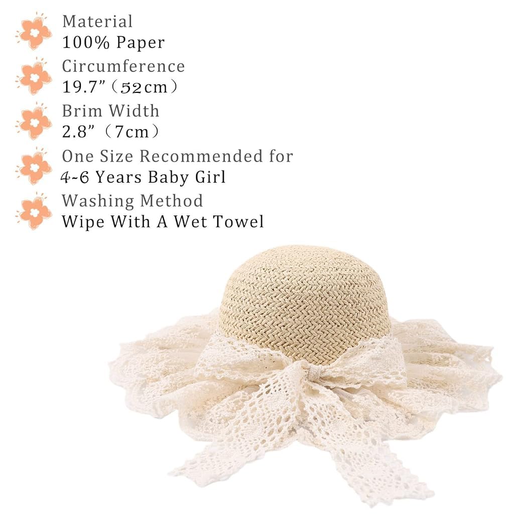SNOWIE SOFT Girls Summer Straw Hat for Beach and Outdoor Wear featuring Adjustable Brim and Lace Bowknot 52cm