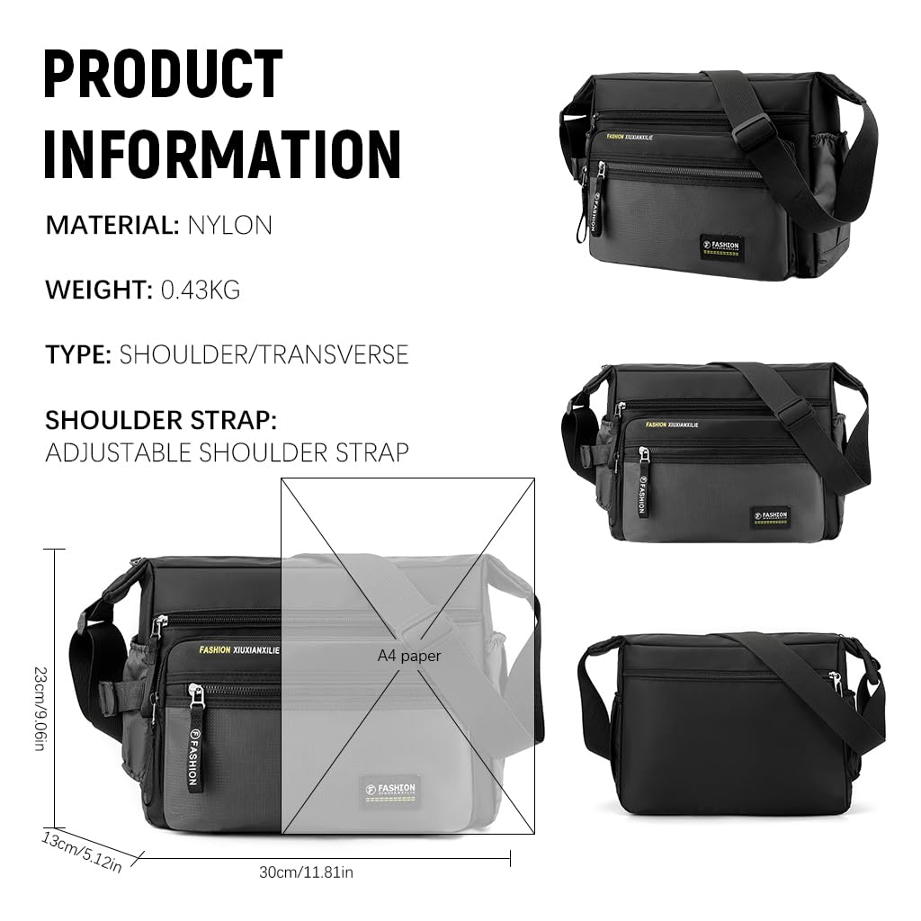 GUSTAVE Messenger Bag for Men 31x12x24cm with Dual Zipper Compartments and Waterproof Oxford Cloth | Travel and Work Crossbody