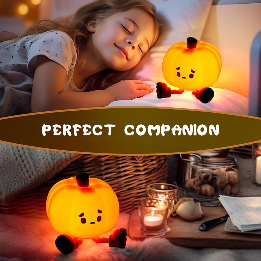 Verilux® LED Pumpkin Man Night Light Home Decor Silicone Pumpkin Man Night Light with 30 mins Auto Off Yellowish Cute Halloween Desk Illuminated Decoration USB Rechargeable LED Kids Room Night Light