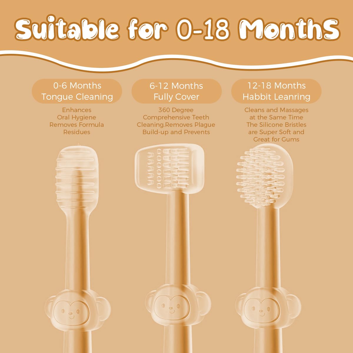 SNOWIE SOFT Silicone Baby Toothbrush Set for 0–18 Months with Tongue Cleaner and Gum Massager | Orange 3Pcs Infant Oral Care
