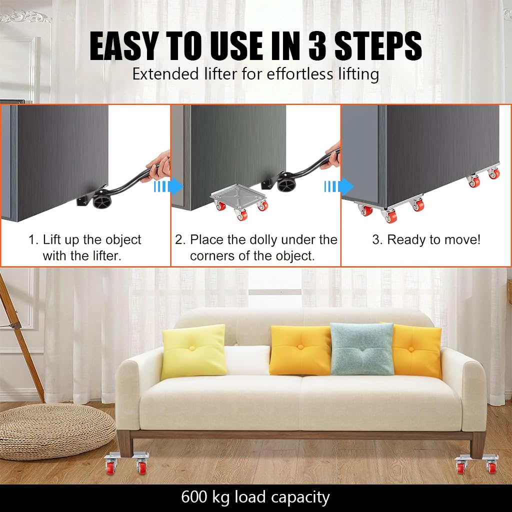 HASTHIP Furniture Moving Wheel Dolly 5-Wheel Moving Dolly 600kg Loading Capacity Plant Pot Moving Dolly with Lifting Tool & Anti-Slip Mat Furniture Dolly for Table, Sofa, Plant Pot, Home Appliances