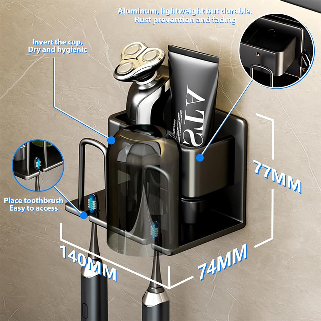 HASTHIP Toothbrush Holder for Bathroom with Dual Slots and Self Adhesive Mount | Aluminum Rack for Toothbrushes and Shaver