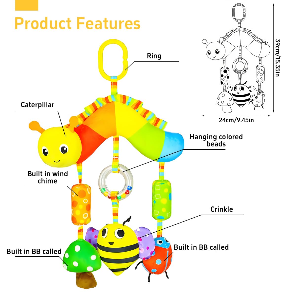 SNOWIE SOFT Baby Toys for 6 to 12 Months with Squeaky Device and Soft Plush Fabric | Hanging Sensory Crib and Stroller Toy