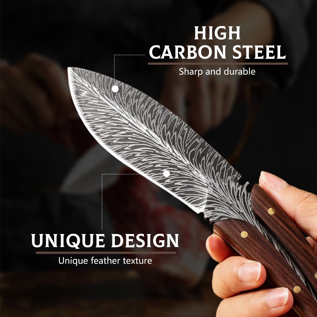 Serplex Kitchen Knife for Meat Cutting with Full Tang High Carbon Steel Blade 7.8 in | Rosewood Handle and Leather Sheath