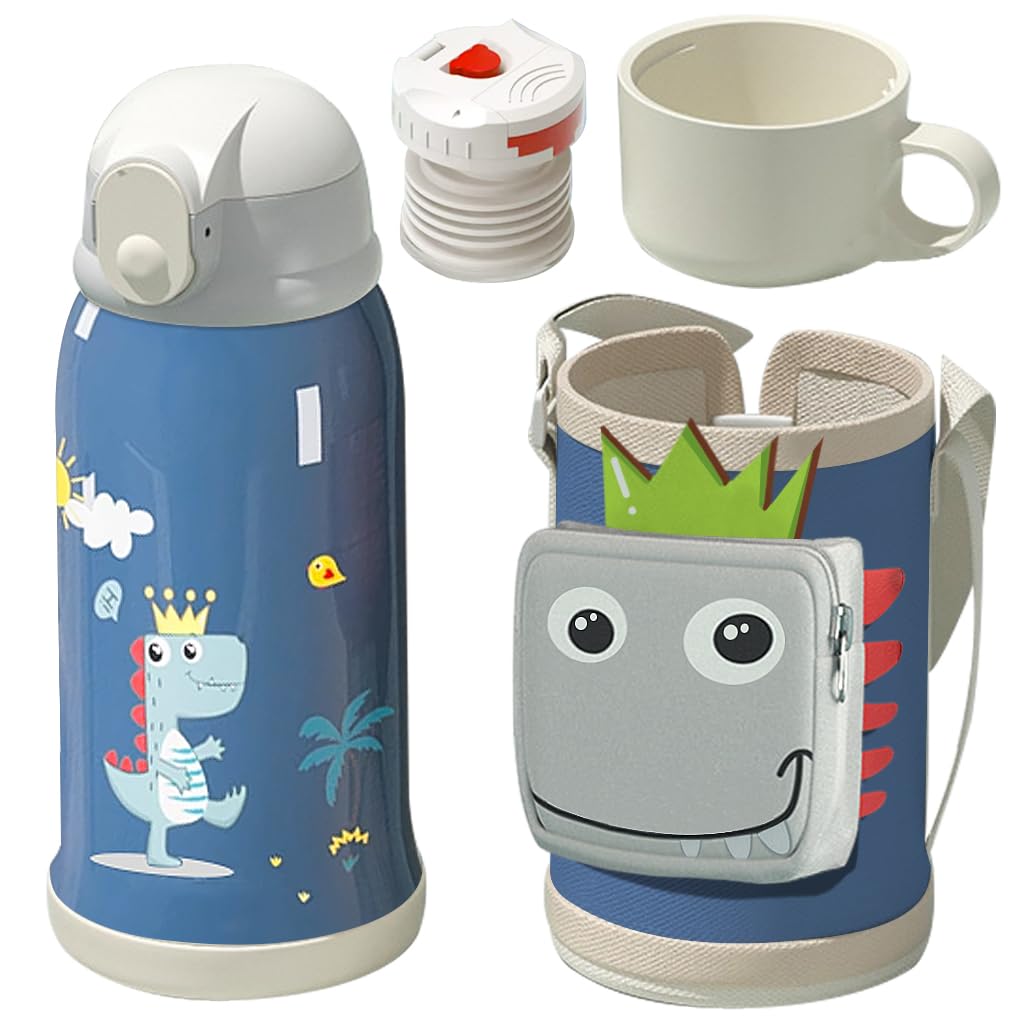 SNOWIE SOFT Water Bottle for Kids with Double Layer Vacuum Insulated Design | 550ml Stainless Steel Dinosaur Flask with Straw and Cup Lid