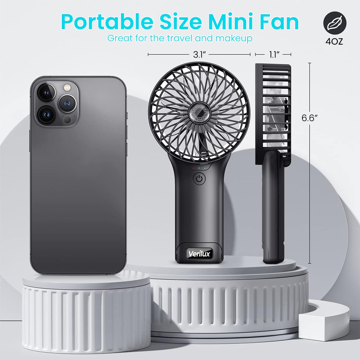 Verilux® Hand Fan Mini Portable Fan with Mirror, 4-Speed USB Fan with Foldable Stand Base, Lasting Max 20Hrs Working Time, Rechargeable Fan for Girls Women Traveling Outdoor (Black)