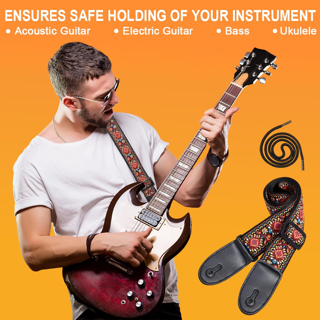 HASTHIP Guitar Strap with Double-Sided Embroidery adjustable 34–41 in for Acoustic Electric Bass | Gift for Musicians