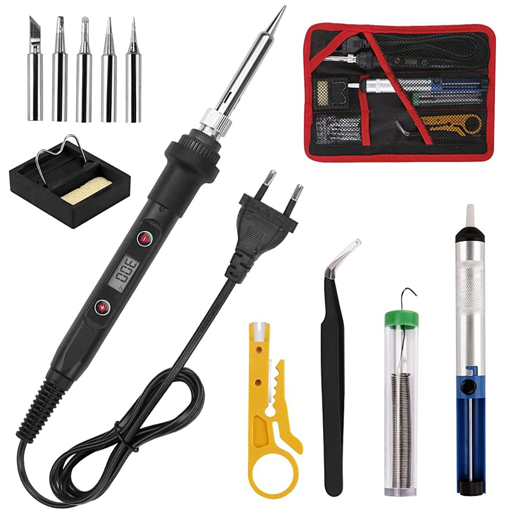 HASTHIP® Electric Soldering Iron Kit 80W Temperature Adjustable Welding Iron Soldering Kit Desoldering Pump, Solder Wire, Welding Iron Stand with Sponge, Tweezers, Wire Cutter for Electronics - 12 Pcs