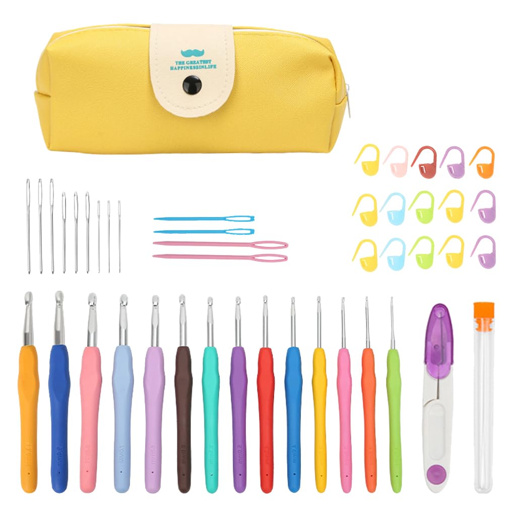 HASTHIP Crochet Hook Set for Beginners with 14 Sizes 2.0–10mm and Ergonomic Handles | Yellow