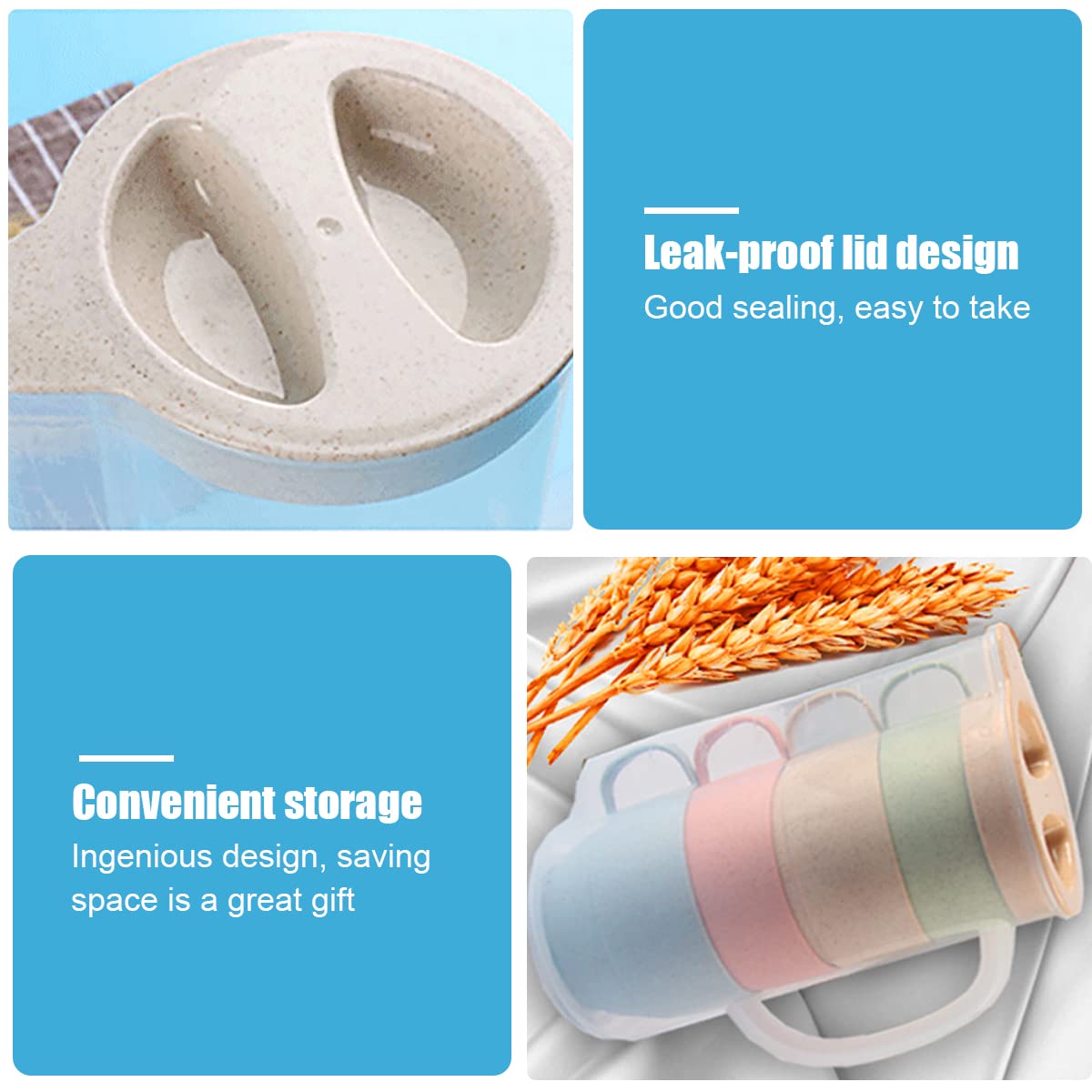 Supvox Plastic Mugs Set for Daily Use with 2L Kettle featuring Dust Proof Lid | Wheat Straw Cups