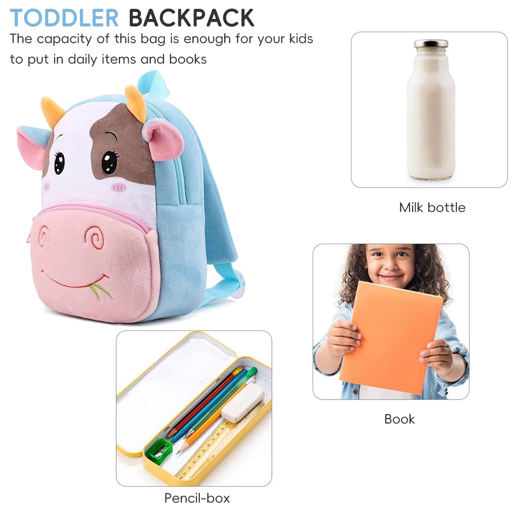Climberty Toddler Backpack for Kids with Dual Zipper Compartments 24x7x27cm | Soft Plush Cattle Design