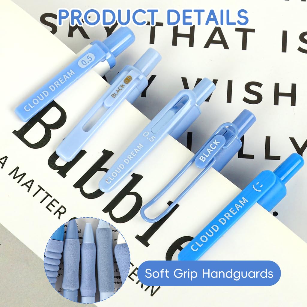 Zibuyu Click Pens 5Pcs for Students with Smooth Gel Ink and Cushion Foam Grips | Cloud Themed Blue Stationery